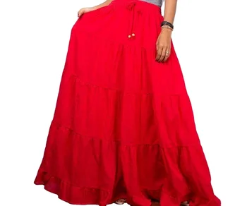Red cotton gauze Tiered peasant maxi Long flare ruffle skirt Hippie clothes Festival clothing