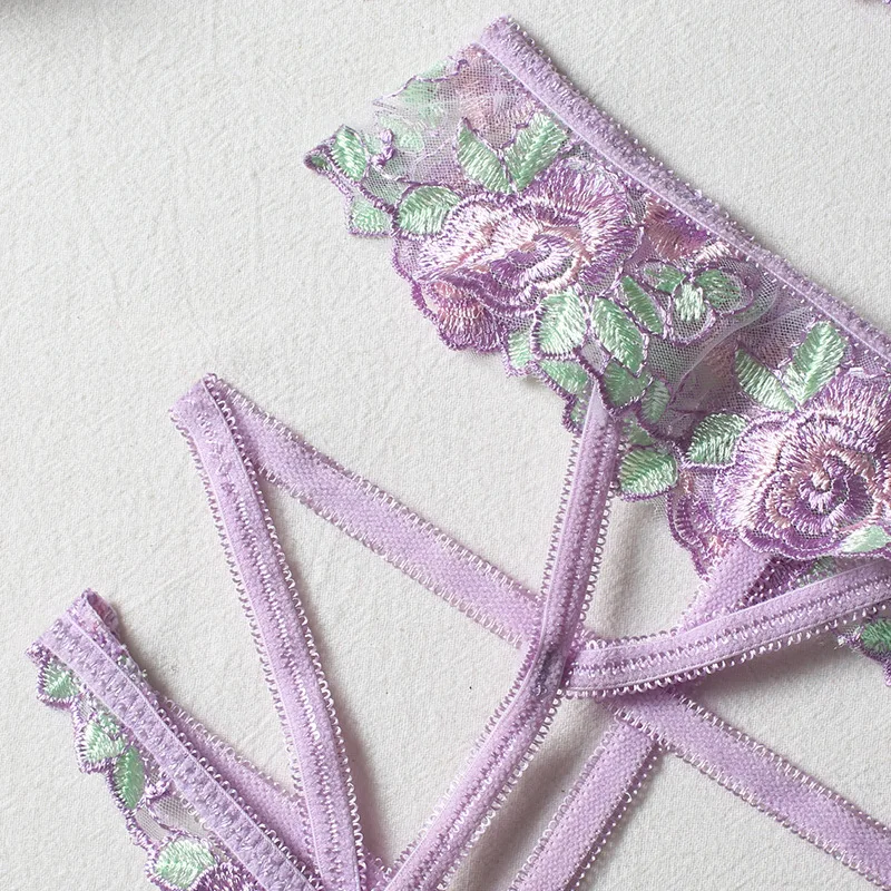 Women Light Purple Lingerie With Garter Transparent Underwear Floral