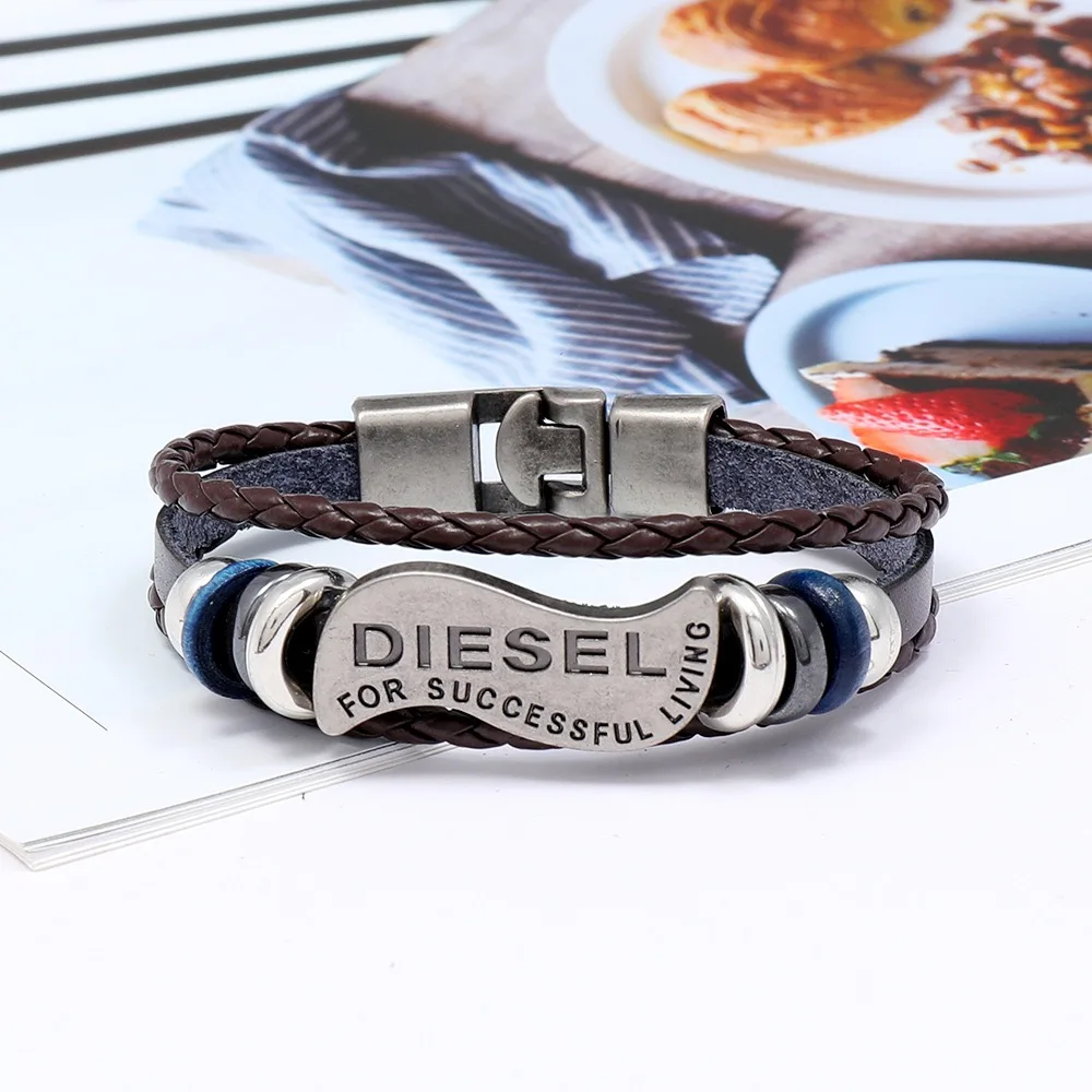 Hot sale Custom Braided Rope Engraved Metal Leather Bracelets Wholesale Weave Wrap Leather Bracelet