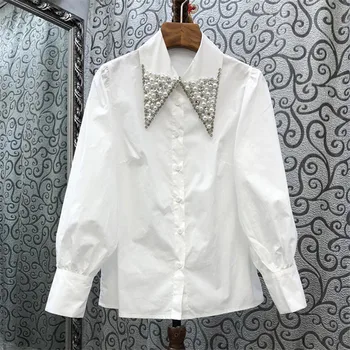 2022 Spring New Elegant Pearl Beaded Pointed Collar Single-breasted Loose Blouse Women's White Shirt Long Sleeve Tops