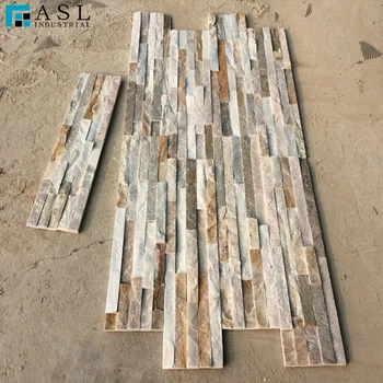 Golden or Yellow or Beige or Cream 3D Wall Decorative Natural Stone Peeled Veneer Strips and Cement Stacked Stone