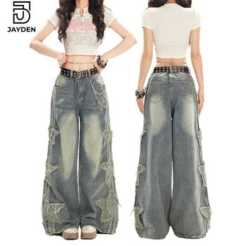 JAYDEN Y2K Vintage Women's high waisted embroidered star patch denim jeans baggy loose wide leg jeans pants with side pocket