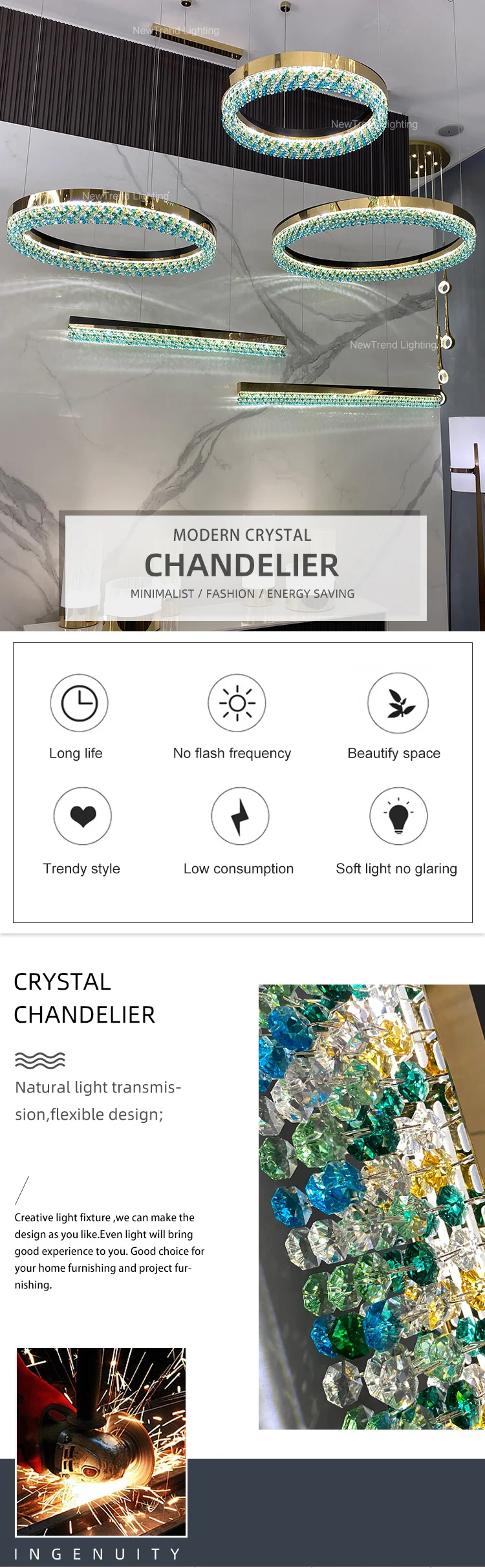 CPL-147 Custom Large Project Hotel Lobby Villa Decoration Chandelier Light Modern LED Ring Crystal Pendant Lamp manufacture