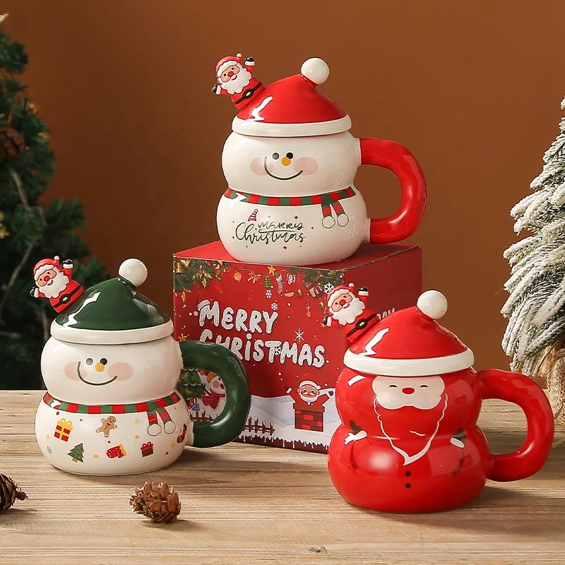 New Stylish Christmas Gift Box Large Capacity Water Ceramic Mug Cup Cartoon Snowman Santa Claus Christmas Tree Cup