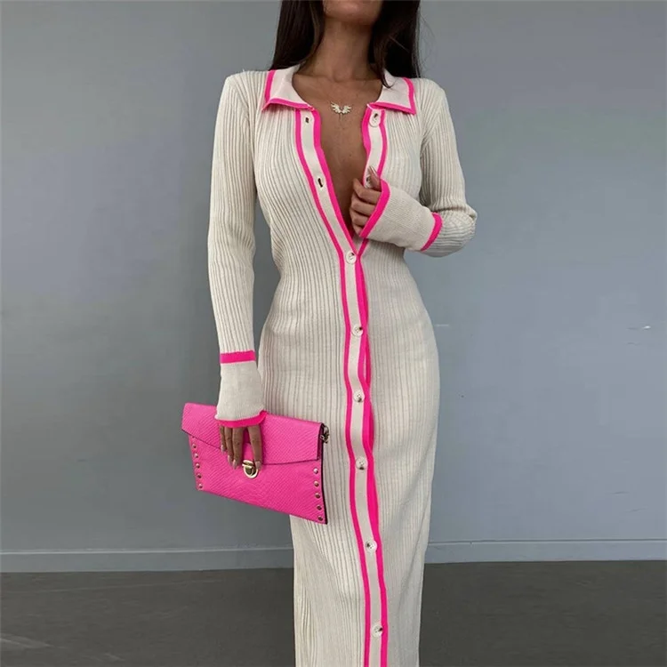Knitted Color Patchwork Slim Cardigan Dress Women Autumn Turn Down Collar Long Sleeve Single Breasted High Waist Maxi Dresses