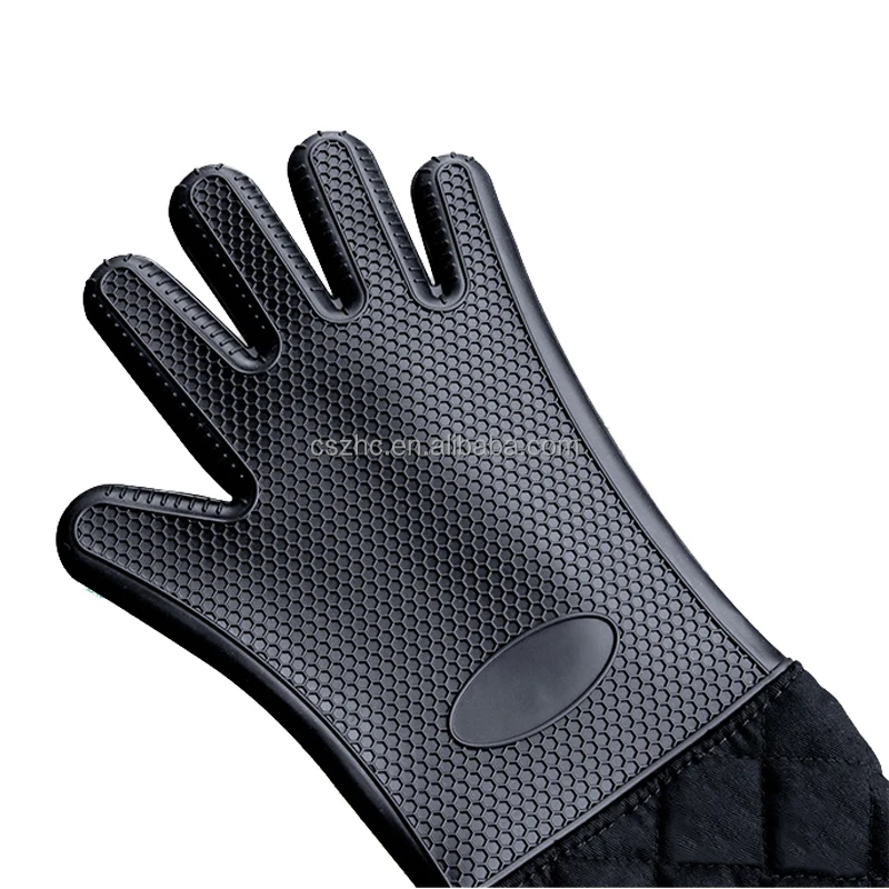 Extra Long 60cm Household BBQ Grill Oven Mitts, Heat Resistant Honeycomb Silicone Cotton Gloves factory
