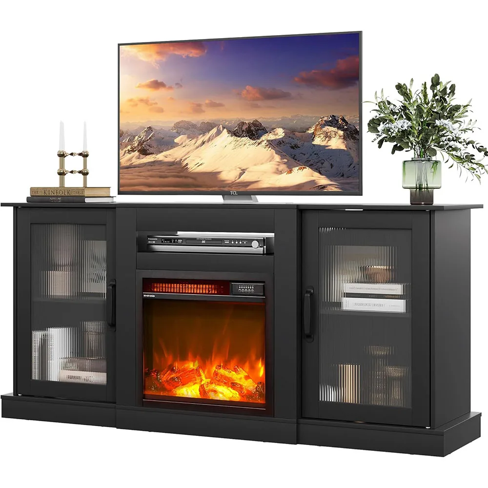 Modern Electric Fireplace TV Stand Entertainment Center with Open Shelves for Home Living Room details