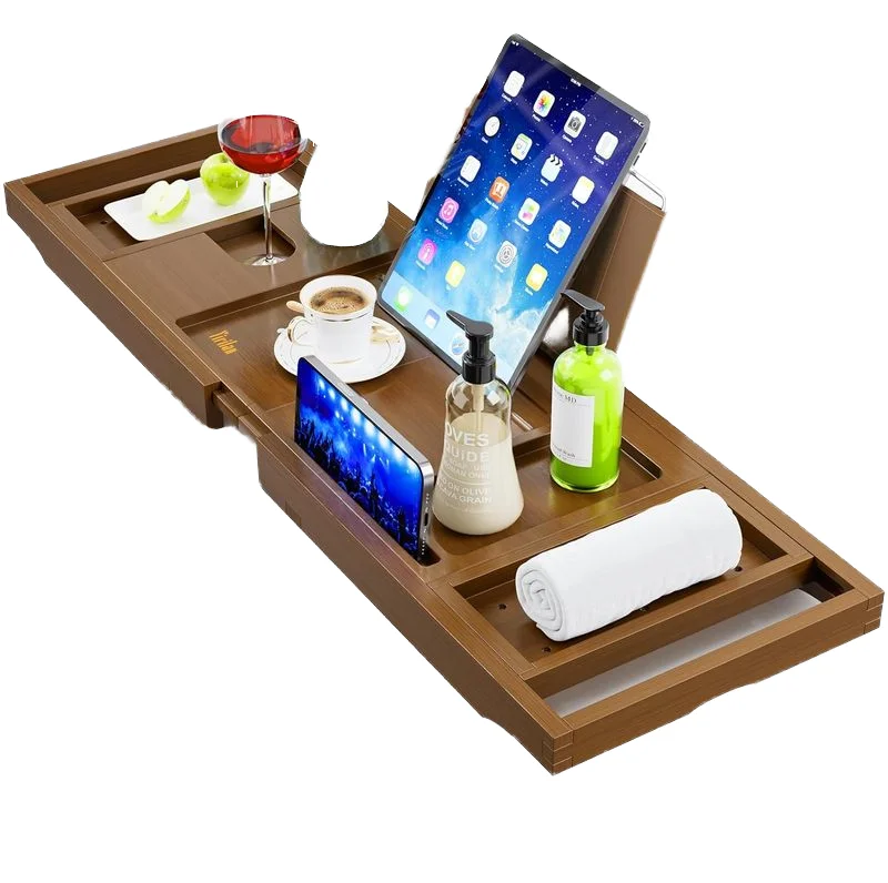 product luxury eco friendly adjustable wood expandable three piece bath tray with wine book holder new design bathroom sets for bath tub-1