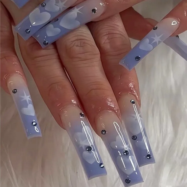 Romantic Rain Custom Press On Full Cover Acrylic Nails Ombre Shining Diamond Sequins Long French Blue Pink 24Pcs/Box Blind Box