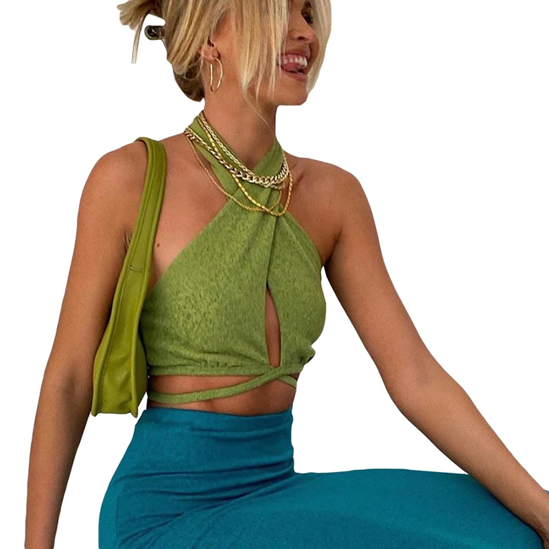 Y2k Green Sexy Bandage Halter Crop Tops For Women Sleeveless Backless Club  Party Chic Wrap Cropped Top Slim Streetwear #0343 - Buy Cute Knitted Green Crop  Top Women E-girl Casual Sleeveless Spaghetti