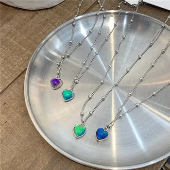 Handmade Temperature Control Gems Color Change Necklace Titanium Steel Heart Pendant Necklace For Women