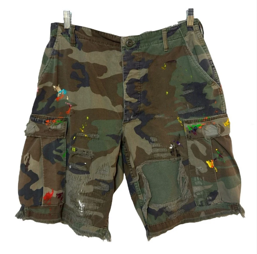 Manufacturer Custom Utility Pocket Camo Distressed Ripped All Over Print Camouflage Jorts Cargo Jeans Denim Shorts for Men manufacture