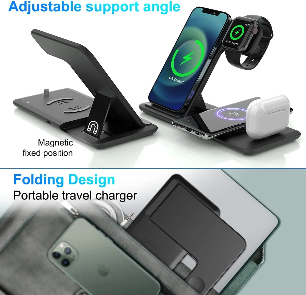 2024 Top selling custom logo 15W folding wireless charger for smart watch or earpods magnetic 3 in 1 Wireless Charger