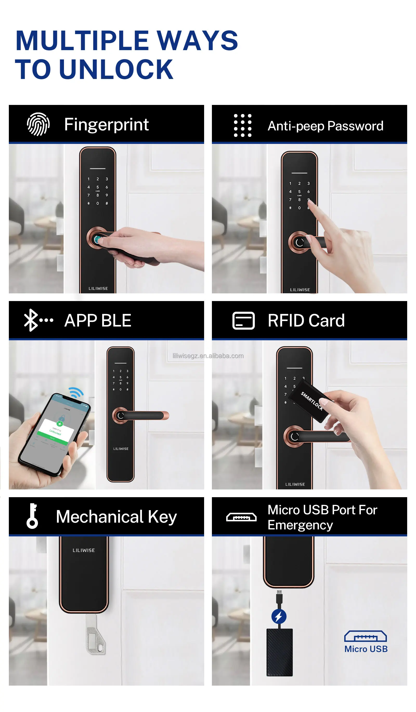 Liliwise Waterproof Outdoor Smart Door Lock with 6V Battery 35-75mm Door Thickness and 200 Fingerprint Capacity