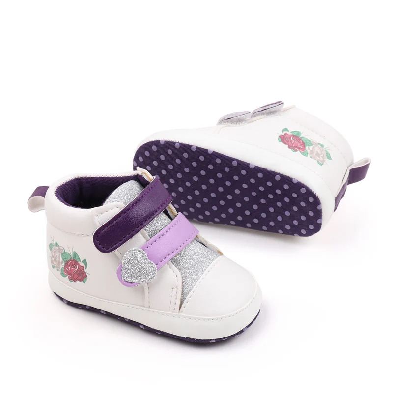 Glitter Heart Baby Girls Rose Print Pattern Different Colors Double Hook and Loop High Top Casual Shoes supplier