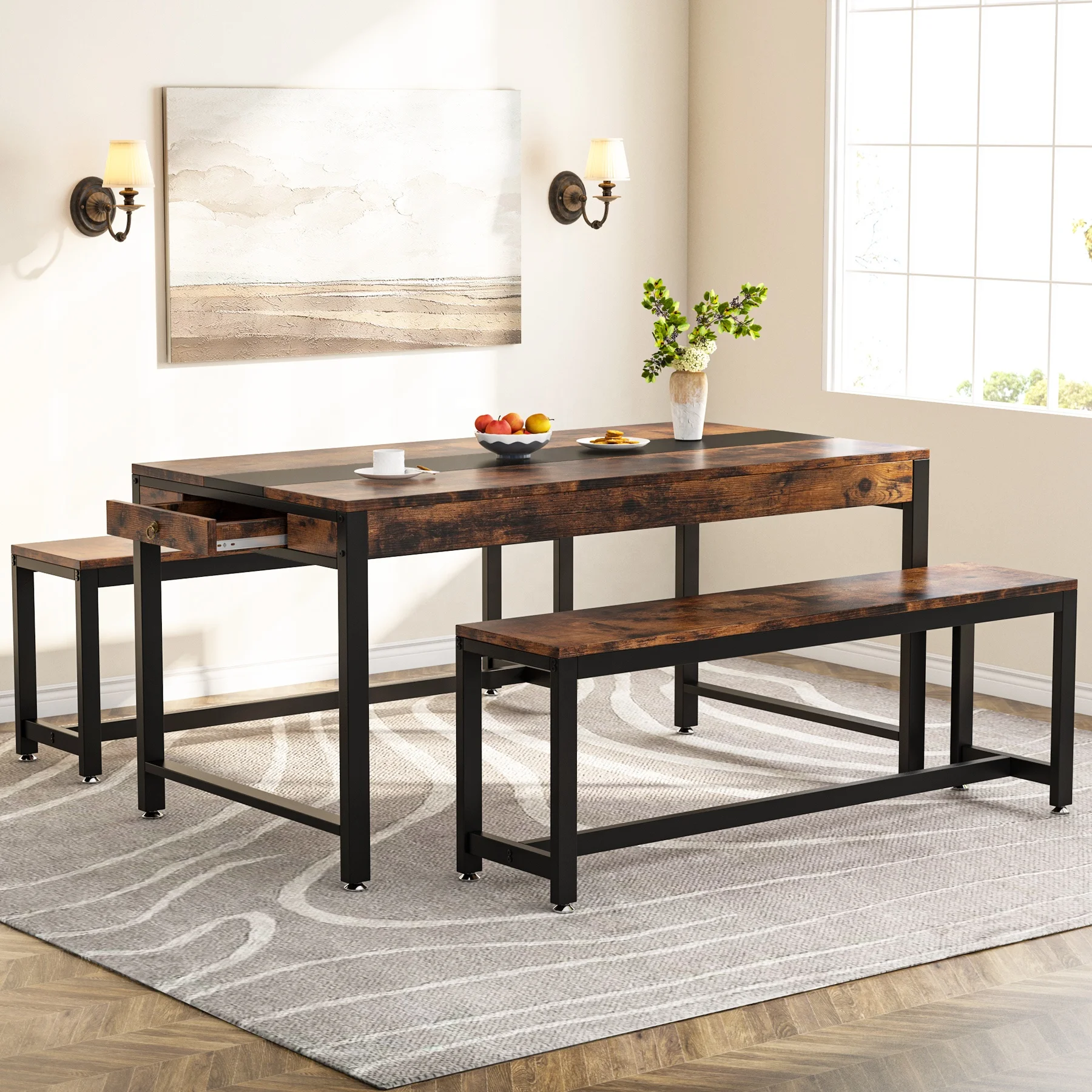 Tribesigns American High End 63 Inch Home Furniture Dining Room Kitchen Set with Bench Sided Drawer Metal Frame Dining Table