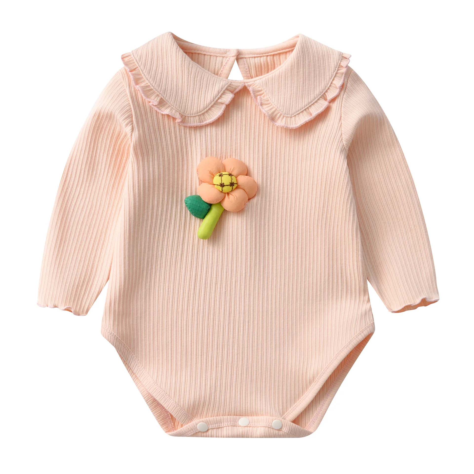 Wholesale Autumn NewBorn Cute Long Sleeve Cotton Infant Girls Jumpsuits Stock Lots Baby Rompers with Flower