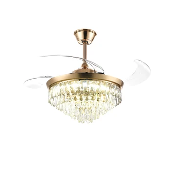 42 48 52 Inch Decorative Chandelier Retractable Invisible Crystal Ceiling Fan with Multicolor Bright Led Light Lamp