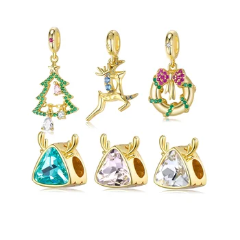 Christmas Charm Crystal Elk Bow garland Christmas tree 925 Silver jewelry making charms Gold plated pendants for women bracelet