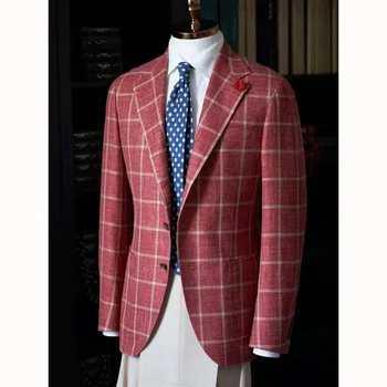 Slim fit 2 buttons red plaid suit 2 pieces jacket and pants suits for men