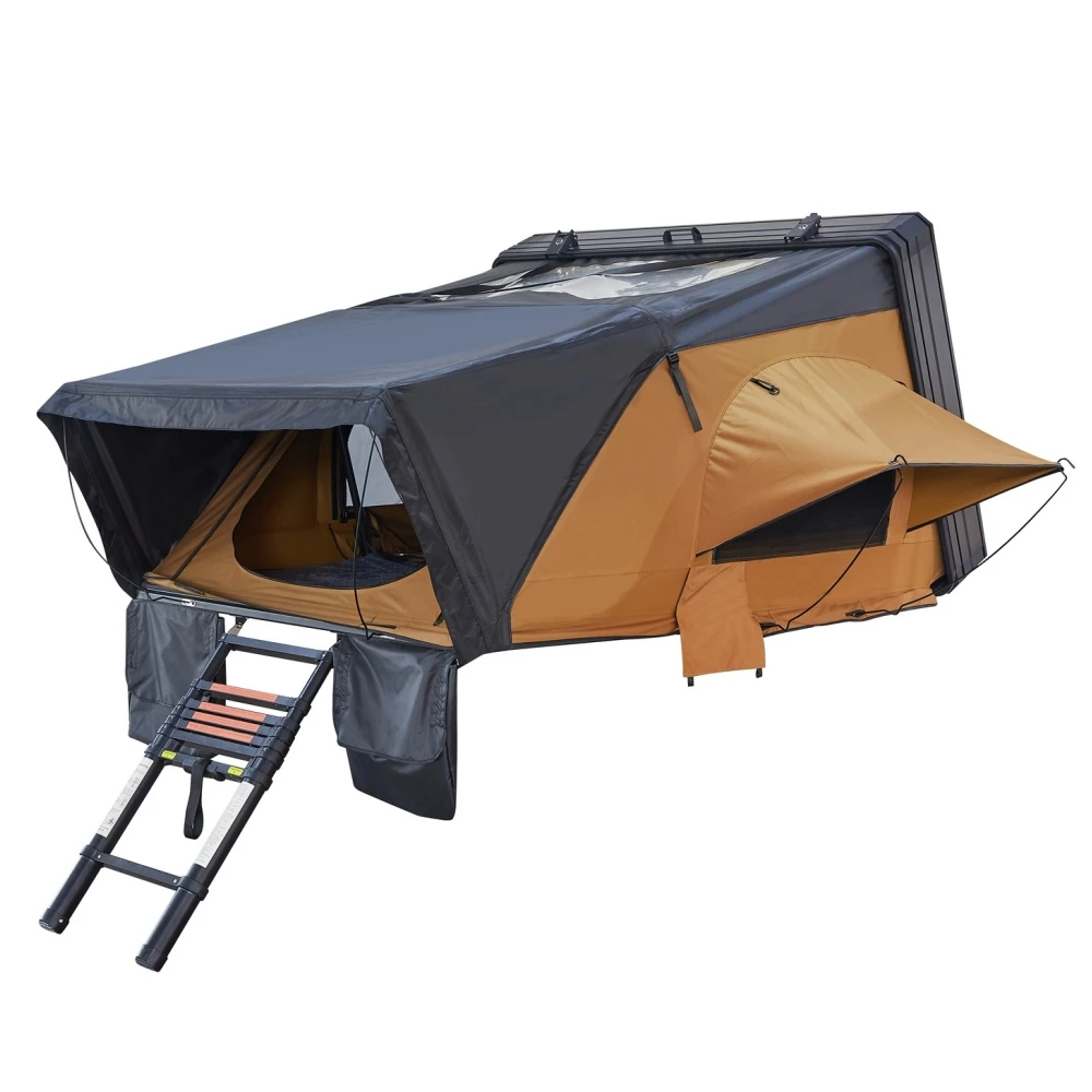 Side Opening Clamshell Aluminum Hard Shell Roof Top Tent for 3-4 Person with 320g Polyester Cotton Canvas and 210x160x110 CM Open Size
