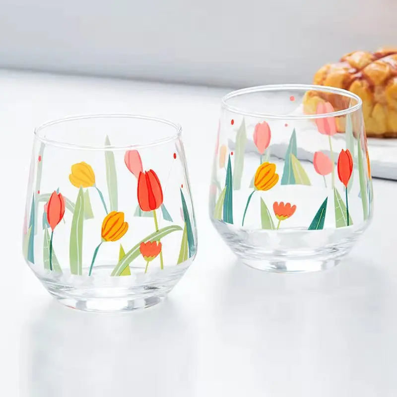 Mother's  Day Gift Promotion Wholesale Tulip Design Decal Printing Glass Mug Water Coffee Juice Drinking Glass Mug with Handle