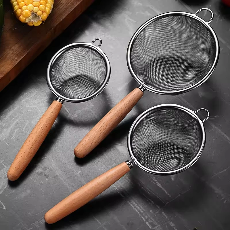 Wooden Handle Stainless Steel Small Colander Fine Mesh Oil Strainer Multi-function Filter Mesh Flour Sifter Kitchen Baking Tools