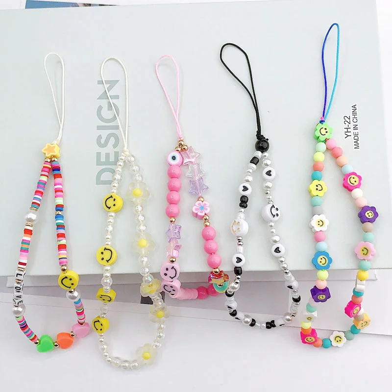 Smiley Face Mobile Phone Chain Handmade Beaded Phone Lanyard Wrist Strap Beads Chain Soft Ceramic Phone Charms Accessories