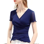 Shirt Women Summer Casual Split V Neckline Short-sleeved T-shirt New Solid Color Bottoming Shirt Stretch Top