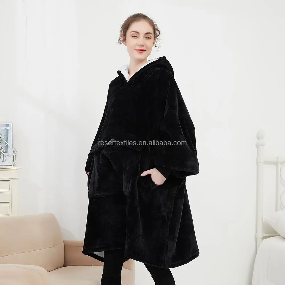 Custom Solid Giant Pocket Unisex Quilted Character Hooded Sherpa Wearable Blanket Sweatshirt Oversized Hoodie Zip-up Coat Adults