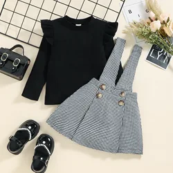 Wholesale toddler girls 2pcs clothing autumn kids long sleeve ribbed knit pullover+plaid suspender skirt outfits set