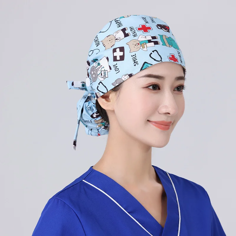 Unisex Surgery Scrub Buttons Hat Printing Medical Doctor Nurse Work Clinic Cap