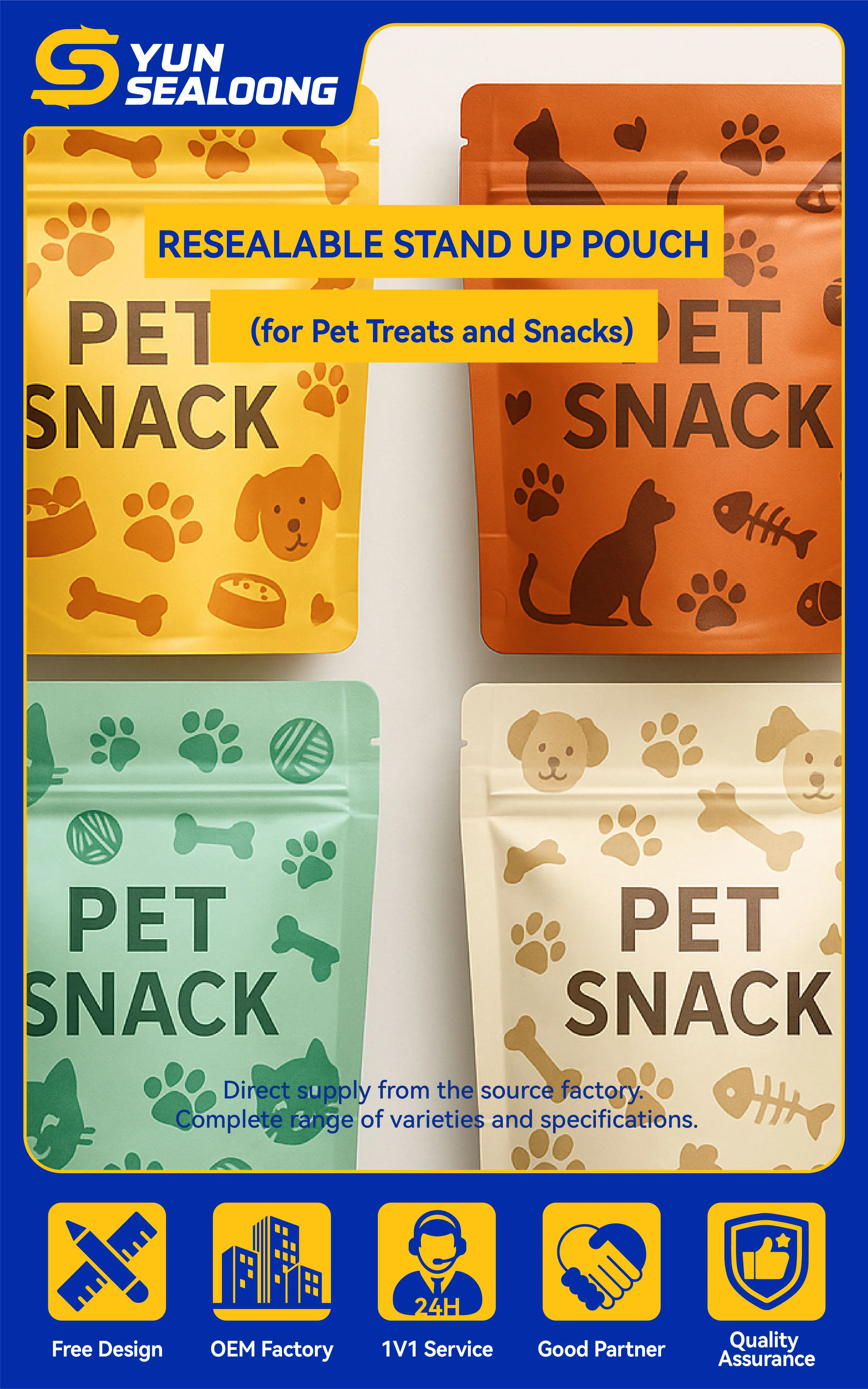 Resealable Stand Up Pouch for Pet Treats and Snacks