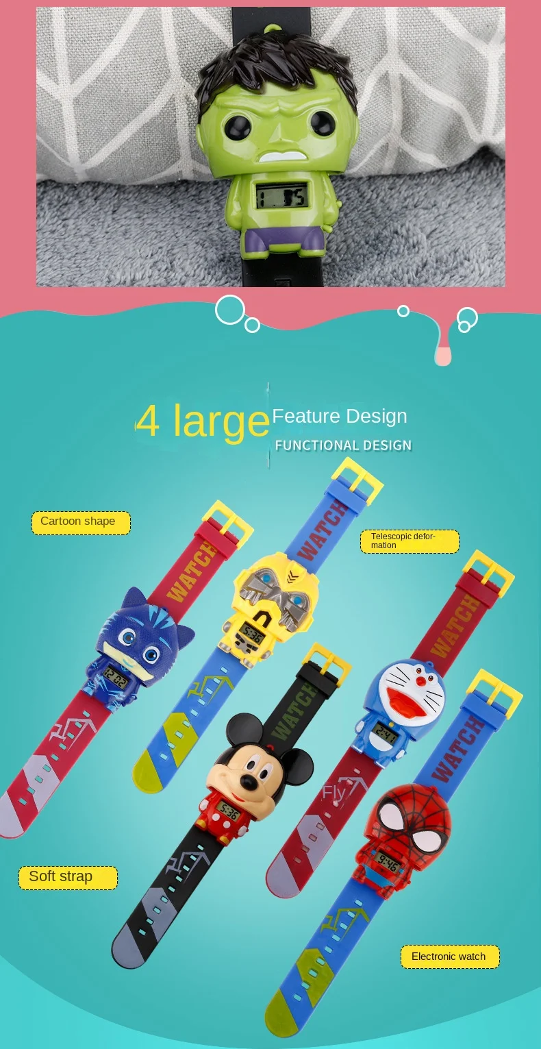 Hot selling Kids watch  Transformation toys for kids in Marvel cute shape  Spider-Man Q version children's toy gift
