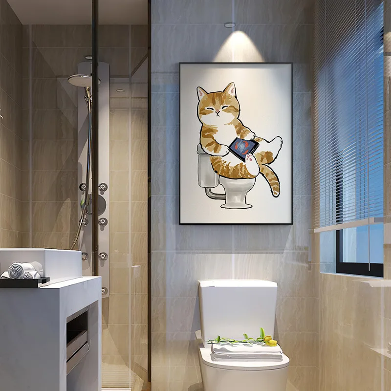 Funny Cat Bathroom Wall Art Canvas Print Orange Tabby Cat Using Phone Toilet Cute Humorous Minimalist Neutral Home Decor