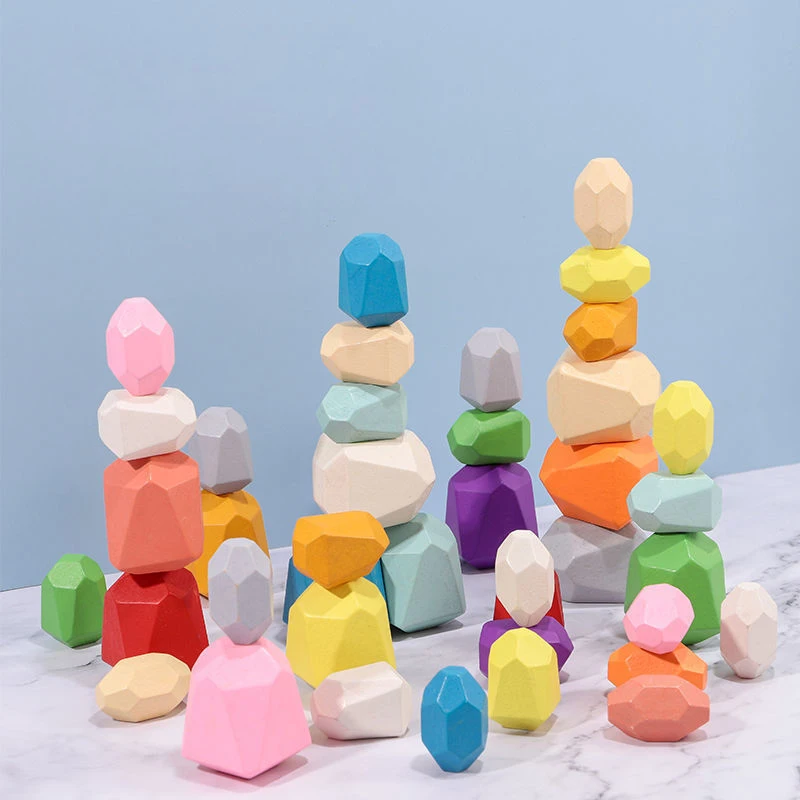 Customize 10pcs Wooden Colorful Stone Building Block Stacking Game Toy Set Block Construction Toys