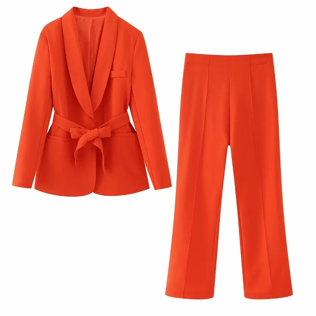 Women 2024 spring New Fashion Belted dress Blazer Coat Vintage Long Sleeve Pockets Female Outerwear Chic