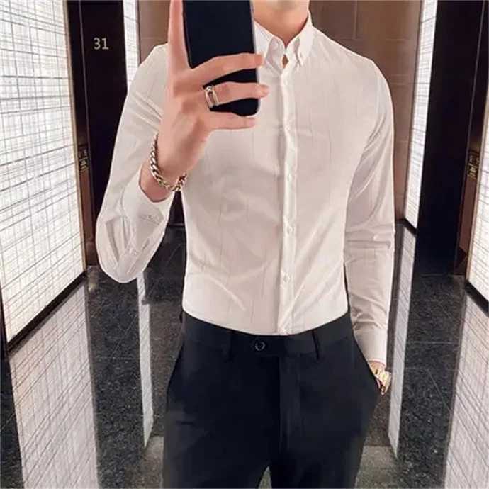 New Bbamboo Fiber Slim Fit Long-sleeved Professional Elastic Aanti-wrinkle Business Formal Work Fear Men's Shirt