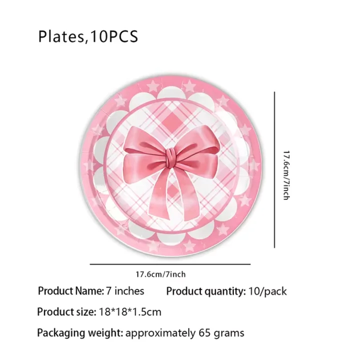 Pink Bow Theme Birthday Party Tableware Set Girls Favor Party Decorations Disposable Paper Plates And Cups