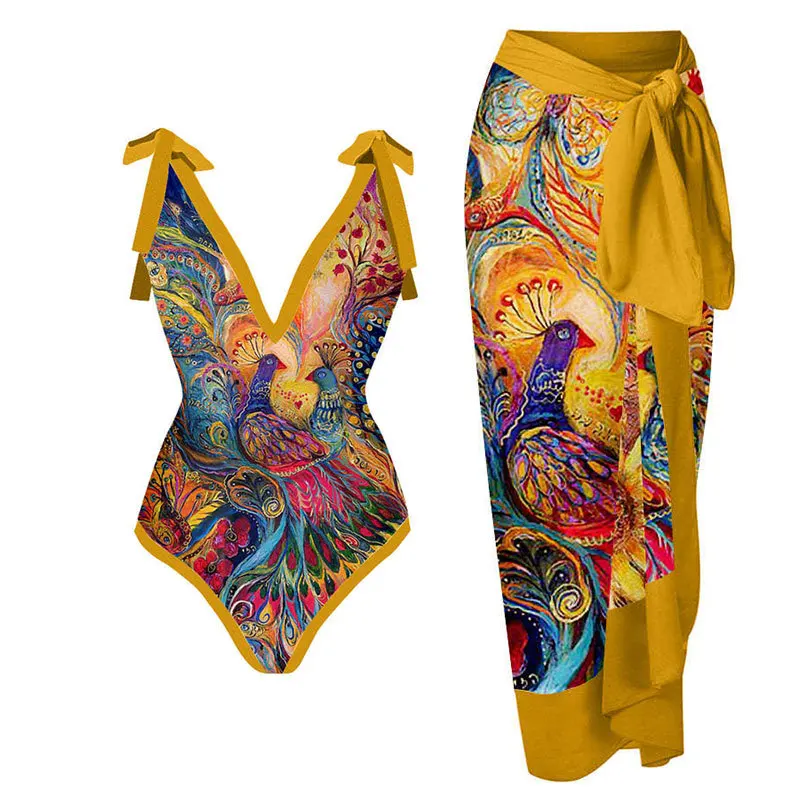 New Arrival Ladies Floral Printing Tight Slim Retro One-Piece Swimsuit Chiffon Skirt Swimsuit Set