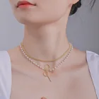 Pearl Necklace Fashion Jewelry Gold Plating Pearl Chain Layered Butterfly Knot Necklace