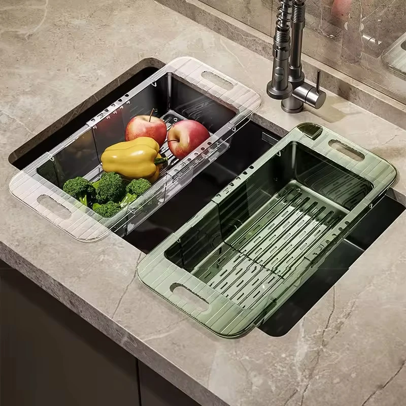 Kitchen Vegetables Drain Basket Retractable Sink Drain Rack Plastic Fruit Washing Storage Basket