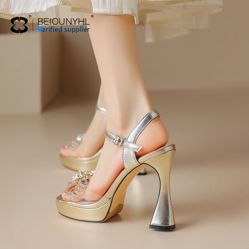 Luxury custom Manufacturer Fancy Transparent Lace Rhinestone Bowknot Ankle Strap Chunky Heels platform Women Sandals