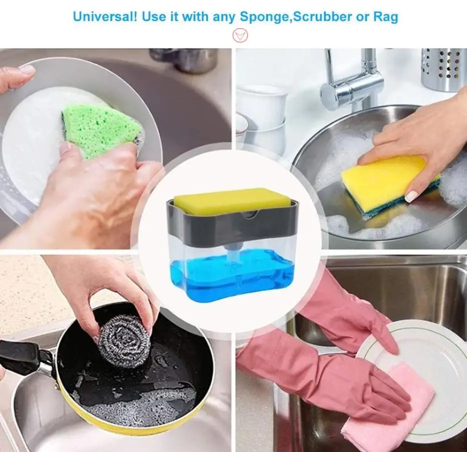 P1222  Kitchen Soap Dispenser Box Wash Sponge Holder Pump Sponge Caddy 2 in 1 Manual Press Liquid Soap Dispenser
