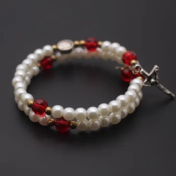 Catholic Faux Pearl Faceted Red Crystal Bead Christian Wrapped Bangle Bracelet with Cross Charm