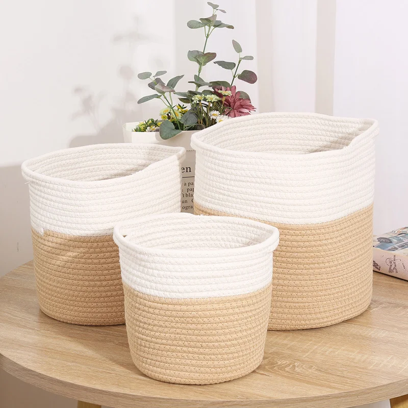 HUAYI Large Woven Cotton Rope Laundry Basket with Handles Decorative Storage Basket