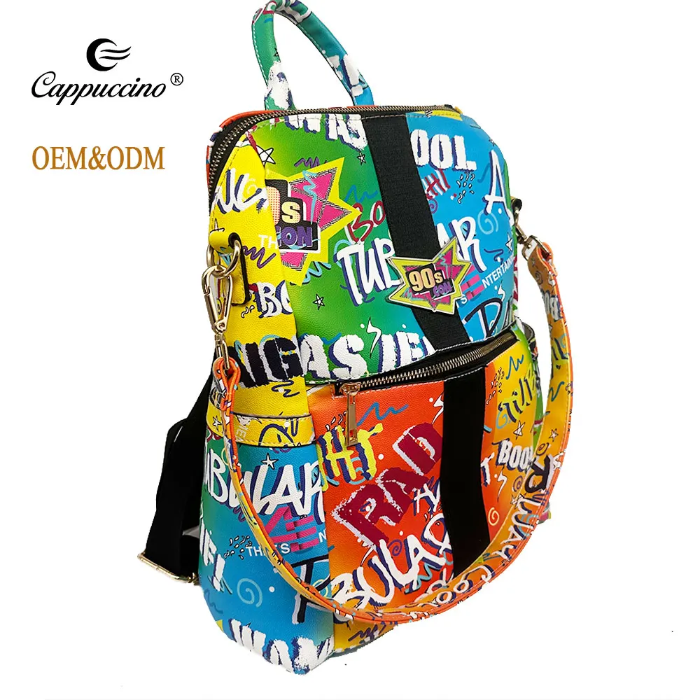 Custom logo Graffiti Striped back pack bag leather school backpack hot sale backpack bag large capacity laptop backpacks