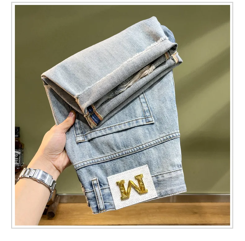 Vintage Personality High-End Distressed Ripped Nylon/Cotton Men's Trendy Slim Fit Stretch Straight Summer Casual Mid-Length factory