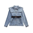 Coat High Quality Vintage Navy Light Blue Denim Coat Women Office Lady Belt Patchwork Shawl Tops Jacket