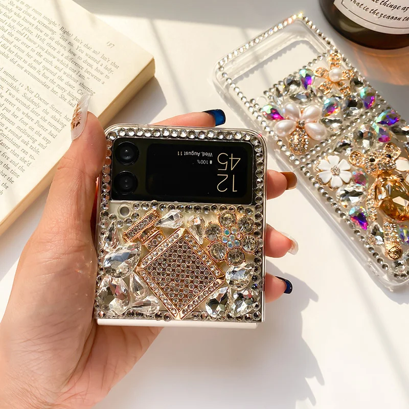 DIY Luxury Bling Diamond Phone Case For Samsung Galaxy Z Flip 3 4 5 Folding Rhinestone Back Cover For Samsung Galaxy Z Fold 3 4